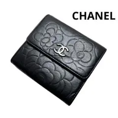 CHANEL カメリア　コインケース　wホック　カードケース　三つ折り　財布　黒