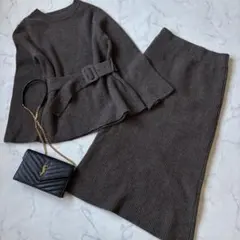 美品　Mila Owen　ニット スカートセットアップ　羊毛　ブラウン◆6988