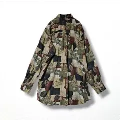 4【lake land 】デザインシャツ 総柄 葉っぱ 紅葉 メンズ L 春 秋