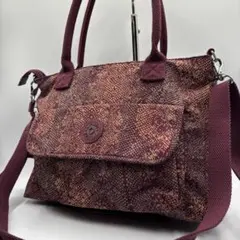 良品✨キプリング ハンドバッグ 2way ナイロン 総柄 ワインレッド