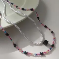 ビーズネックレス【n-12】ピンク×黒ホワイト パール風ビーズ 2連