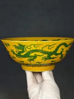 清時代 康熙年製 绿釉薄胎 龍紋碗 陶磁器 時代物 骨董品 旧家蔵出し