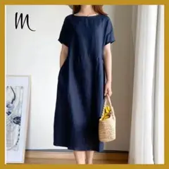 レディース ワンピース サイズ M 紺色 ネイビー ゆったり シンプル ミドル丈