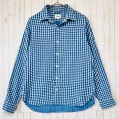 ◆ビームス　ギンガムチェック　シャツ　ラウンドヘム　綿100　カジュアル　青　М