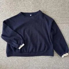 ネイビー M リブ編み長袖トップス