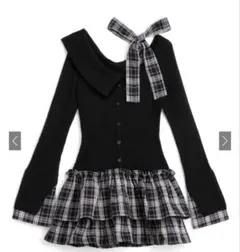 チェック柄ドッキングワンショルダーリボンフリルニットワンピース[pm785]