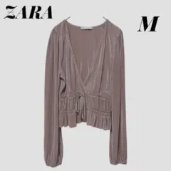 【ザラ】プリーツ カシュクール ブラウス 長袖 ピンクブラウン M