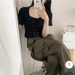 nugu ヌグ コルセット リブ編みクロップド ショート丈 リボン