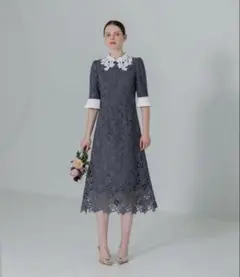 LEJA 花柄レースカラースパンコール刺繍Aラインフレアドレス