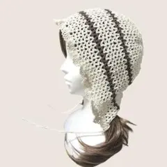 ハンドメイド　ボンネット　バラクラバ　バブーシュカ　フリル　ヘッドドレス　生成り