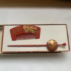 和装小物 髪飾り 櫛 かんざし 2点セット 赤 金