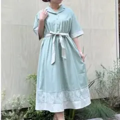 レース切替配色ワンピース　グリーン　axes femme フリーサイズ