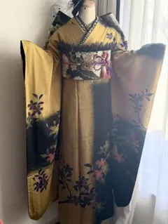 振袖 モダン ゴールド ブラック 花柄 フルセット