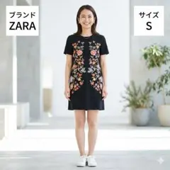 ZARA ザラ 花柄刺繍 半袖ワンピース チュニック ブラック 華やか S 美品