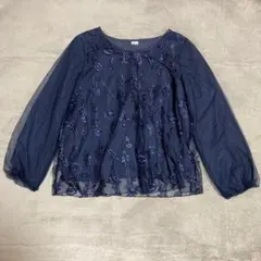 【PAR ICI】パーリッシィ花柄刺繍 チュール 長袖 トップス ネイビー Ｆ★