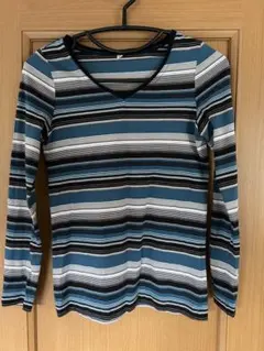青と白のストライプ Vネック長袖Tシャツ S