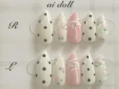 ネイルチップ フレンチガーリー 量産 ドット ワンホン フラワー リボン スナ系