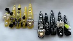 黄色　黒　ロング　ラメ　地雷　サブカル　ネイルチップ