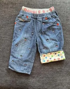 【110】ミキハウス ダブルB 総柄 刺繍 デニムパンツ 裾折り返し 星柄