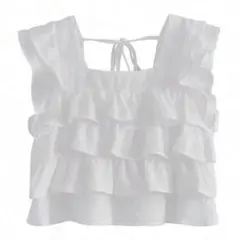 SHEIN ソリッドフリルトリムタイバッククロップトップ