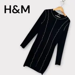 H&M 黒 リブニット 長袖 タイト　ミニ　ワンピース　薄手　パイピング