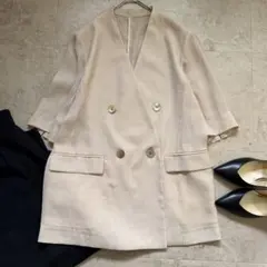 【美品】ノーリーズ ハーフスリーブ シアー ノーカラージャケット M ベージュのサムネイル
