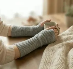 防寒 アームウォーマー グレー ニット 袖カバー 冬用 防風 手首あったか