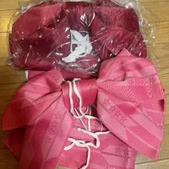 【2点セット】浴衣用 作り帯 リボン 半幅帯　矢羽根 桜 地模様 ピンク エンジ