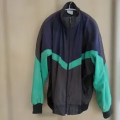 【アディダス】ナイロンジャケット ダークグレー ターコイズグリーン80s刺繍ロゴ