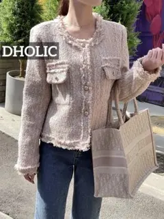 k0432 DHOLIC フリンジクロップドツイードジャケット ピンクのサムネイル