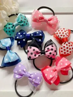 選べる2色　全4個セット　ハンドメイド　リボン　ドット　チア　ダンス　ヘアゴム