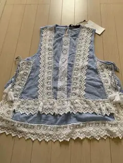 リネン風ノースリーブトップス レース付き