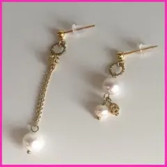 ハンドメイドピアス　淡水パール　バロック　アシメ　ゴールド