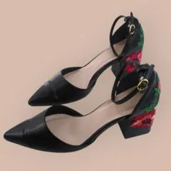 エスペランサ ブラック レザー ポインテッドトゥ 刺繍 23.5