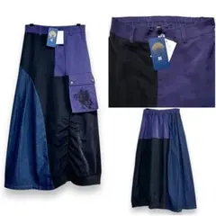 【ScoLar】蝶鍵刺繍 ナイロン×デニム切替 配色スカート タグ付未使用