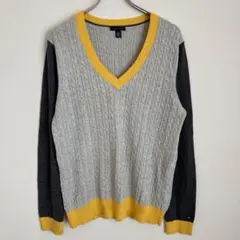 トミーヒルフィガー ケーブルニット Vネック セーター 長袖 XL 灰黄 綿のサムネイル