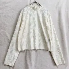 ハイネック フリル ブラウス 長袖 カットソー シワ加工 ホワイト M 綺麗め