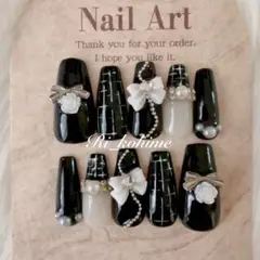 ネイルチップツイードフレンチガーリーちゅるんワンホン黒ブラックメンカラ推し量産型