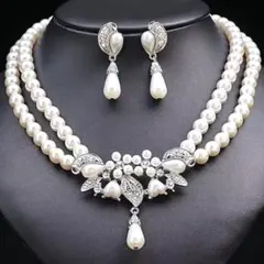 パールネックレス & ラインストーンイヤリングビジューパールジルコニアネックレス