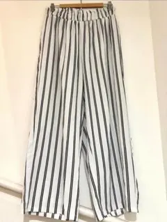 ★ワイドパンツ★2XL★大きめ★ゆったり★ストライプ★ウエストゴム★ホワイト★