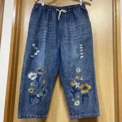 デニム刺繍パンツ　花刺繍