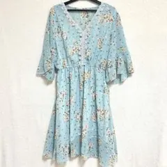 韓国風 花柄 シフォン ワンピース ブルーグリーン ブルー 水色 刺繍 袖フリル