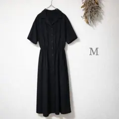 黒 シャツワンピース 半袖 M ロング 無地 ウエストゴム レディース 綺麗め