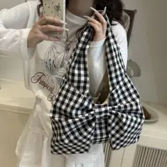 トートバッグ キャンパス ギンガムチェック ブラック　リボン 韓国風 おしゃれのサムネイル