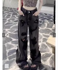 ダメージ加工 ブラックデニム ワイドパンツ