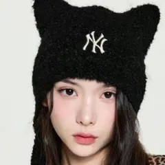 韓国限定 MLB ビーニー 猫 ブラック ニット帽　カリナ