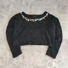 【rienda】 ビジュー付き シャギーニット ショート丈 ブラック レディース