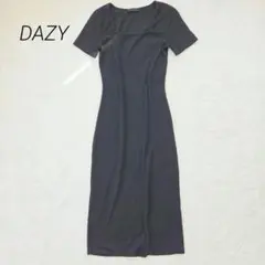 デイジー リブニットワンピース 半袖 ブラック スクエアネック ロング タイト