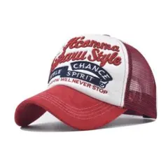 メッシュキャップ　アメカジ　ダメージ加工　英字　ヴィンテージ風　赤　 帽子
