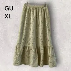 GU ジーユー ロングスカート カットワークレース XL フレア ゴム グリーン